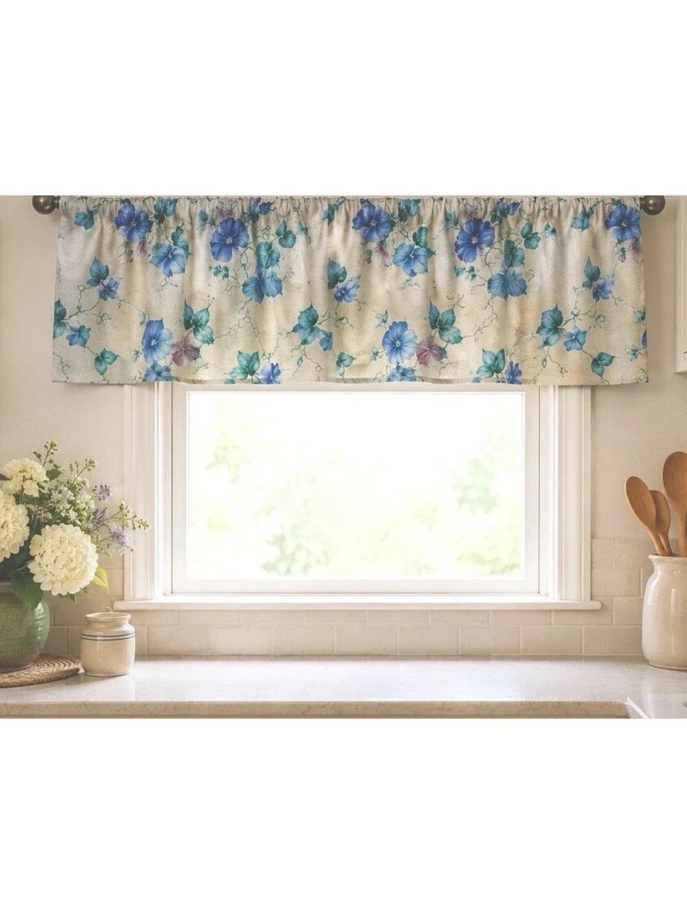 Vintage 1990s Kitchen Valance Morning Glory Floral Vine Cream, 66x15”